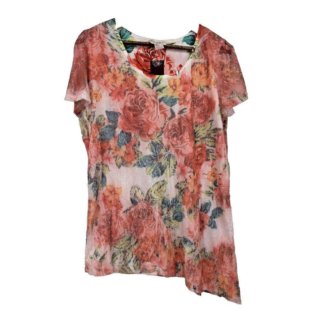 LAVISH Lace Sheer Sleeve Blouse Floral‎ Y2K NWT XL Fairy Asymmetrical Bloomcore